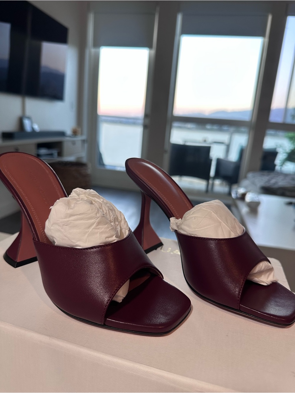 Amina Muaddi Burgundy Leather Open-Toe Sculpted Heel Mules